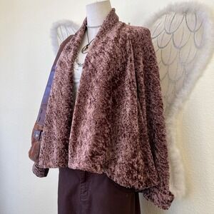 Faux Fur Fuzzy Cardigan Velvet Texture Open Front Brown Boho Flowy Oversized 90s